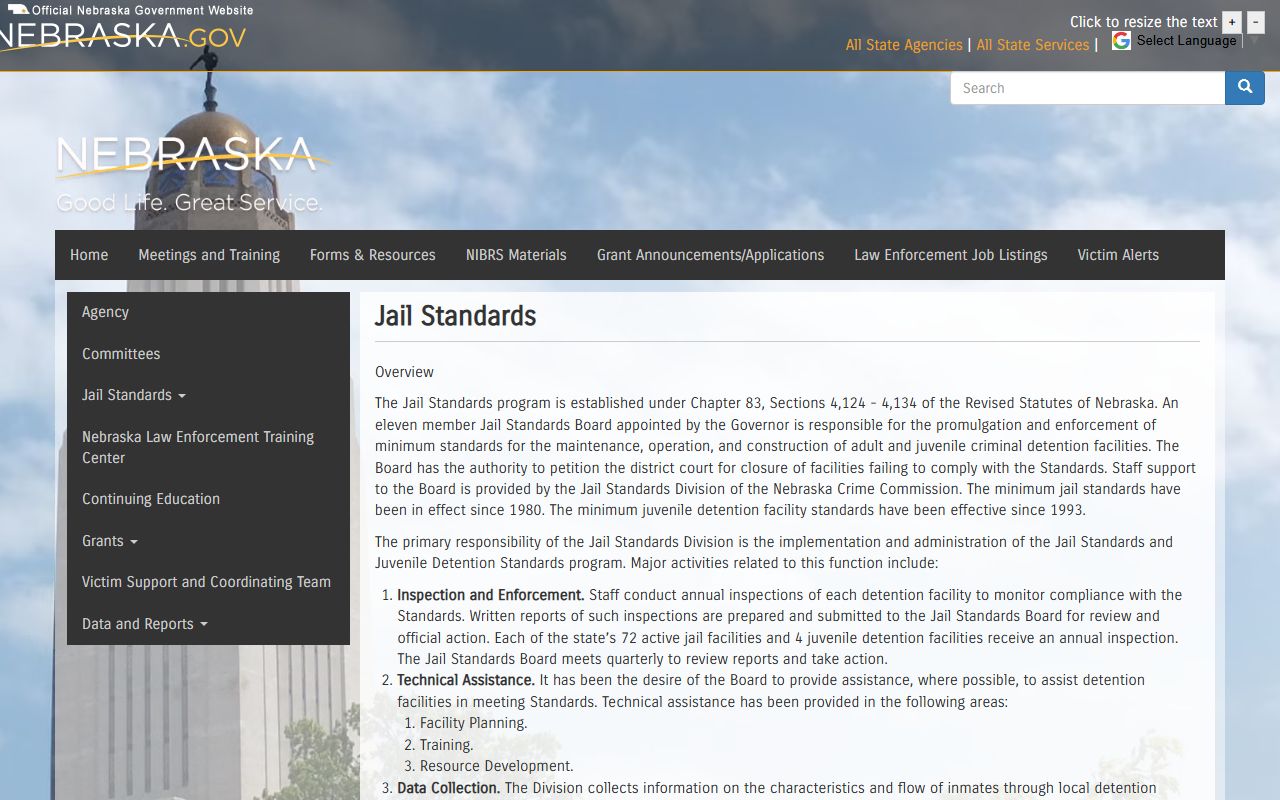 Nebraska jail standards for Phelps County inmate population oversight